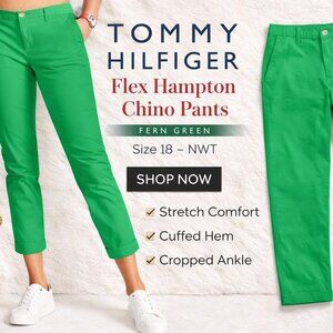 Tommy Hilfiger Flex Hampton Pants Green 18 NWT Straight Leg Cuffed Cropped